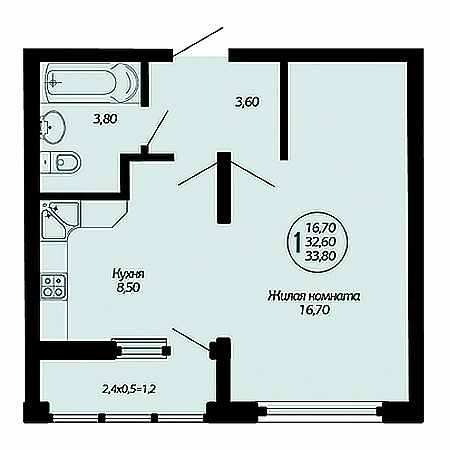 1 комнатная 33.8м²