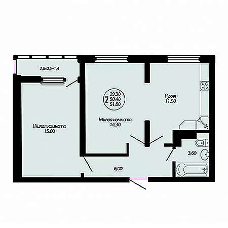 2 комнатная 51.8м²