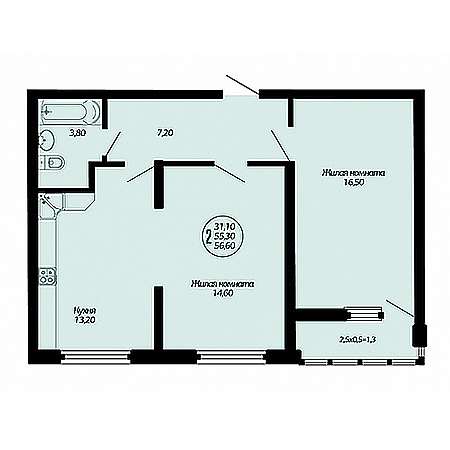 2 комнатная 56.6м²