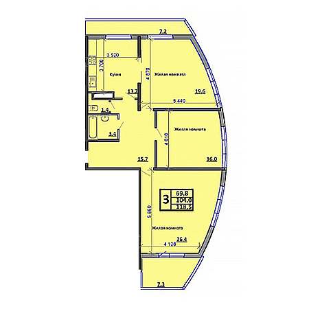 3 комнатная 118.5м²