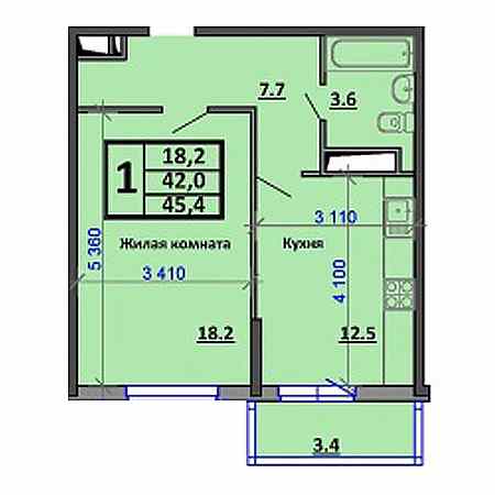 1 комнатная 45.4м²