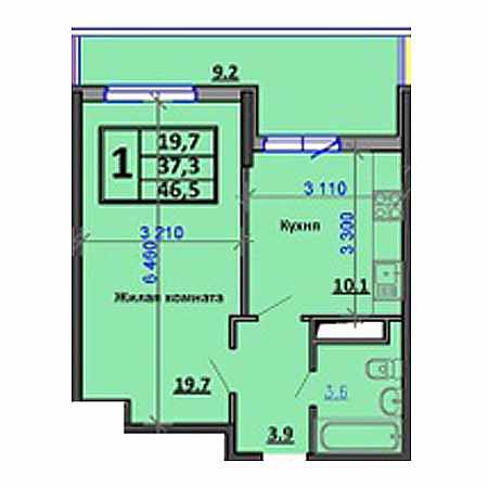 1 комнатная 46.6м²