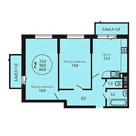 2 комнатная 60.6м²