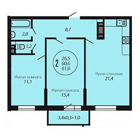 2 комнатная 61.6м²