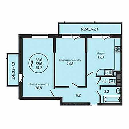 2 комнатная 61.7м²