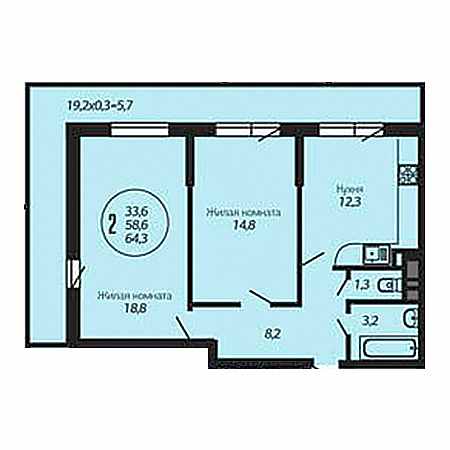 2 комнатная 64.3м²