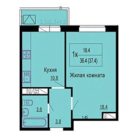 1 комнатная 37.4м²