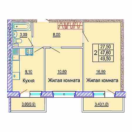 2 комнатная 49.5м²