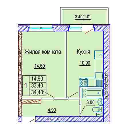 1 комнатная 34.4м²