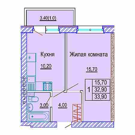 1 комнатная 33.9м²