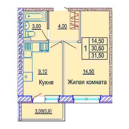 1 комнатная 31.5м²