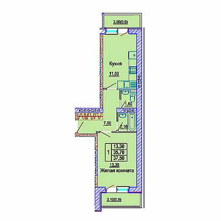 1 комнатная 37.5м²