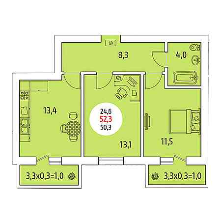 2 комнатная 52.3м²