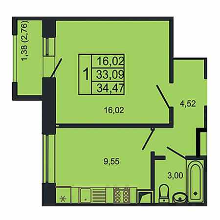 1 комнатная 34.47м²