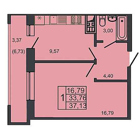 1 комнатная 37.13м²