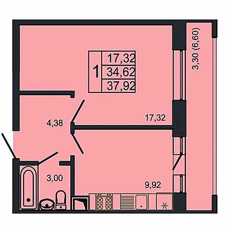 1 комнатная 37.92м²