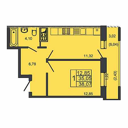 1 комнатная 38.07м²