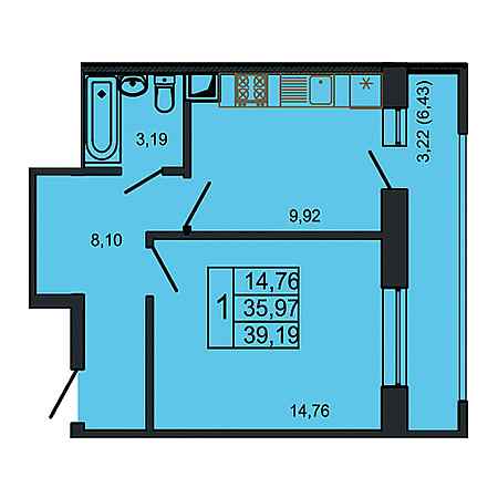 1 комнатная 39.19м²