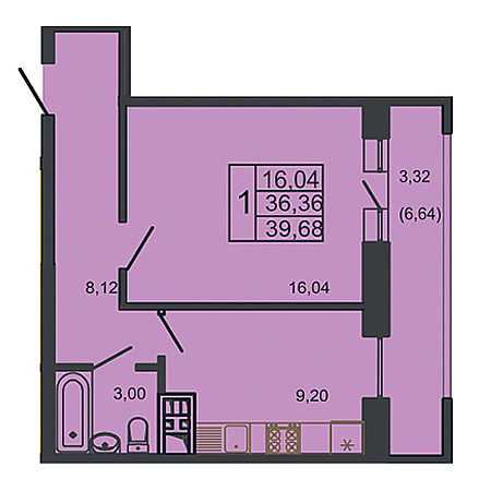 1 комнатная 39.68м²