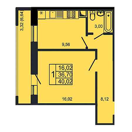 1 комнатная 40.02м²