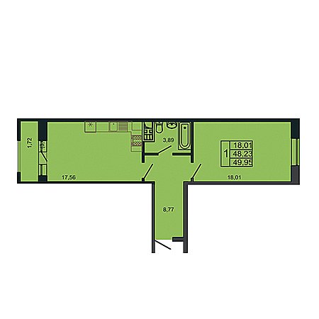 1 комнатная 49.95м²