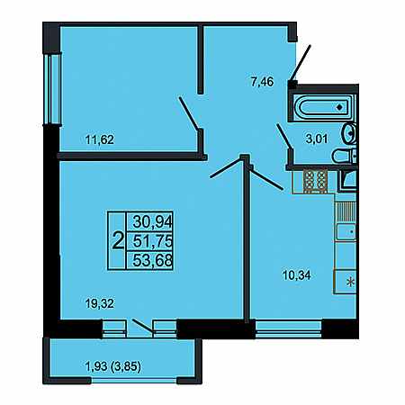 2 комнатная 53.68м²