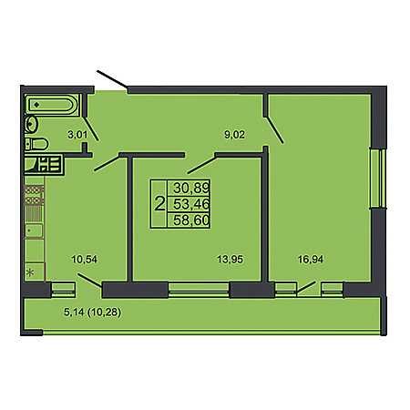 2 комнатная 58.6м²