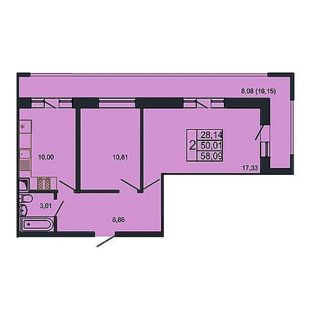 2 комнатная 58.09м²