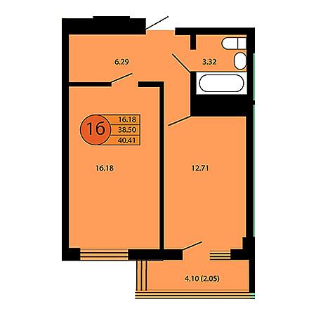 1 комнатная 40.41м²