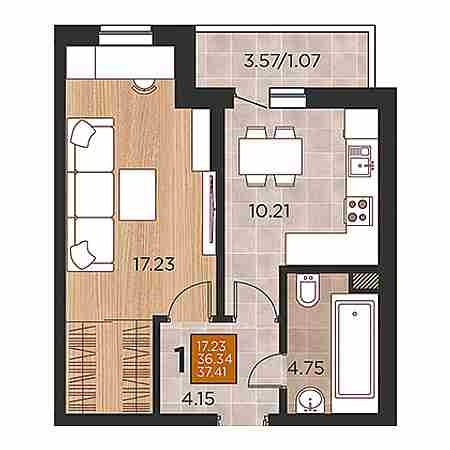 1 комнатная 37.41м²