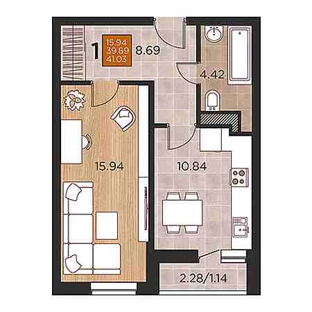 1 комнатная 41.03м²