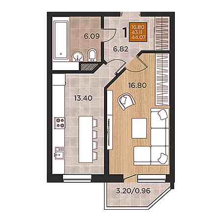 1 комнатная 44.07м²