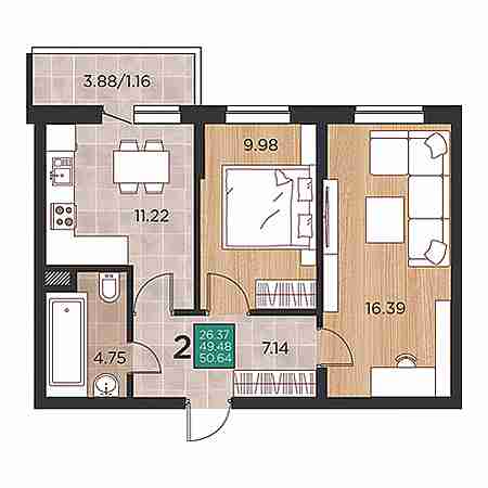 2 комнатная 50.64м²