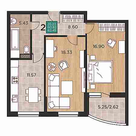 2 комнатная 63.45м²