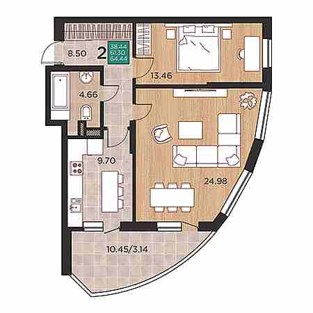 2 комнатная 64.44м²