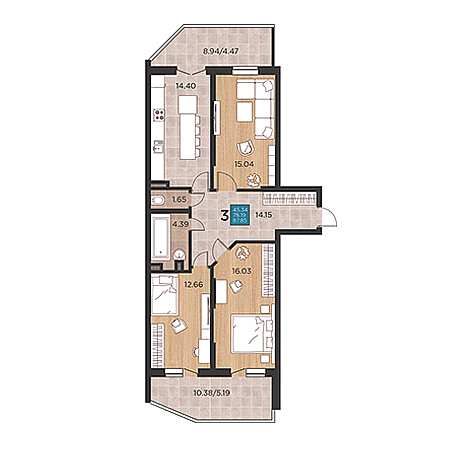 3 комнатная 87.85м²