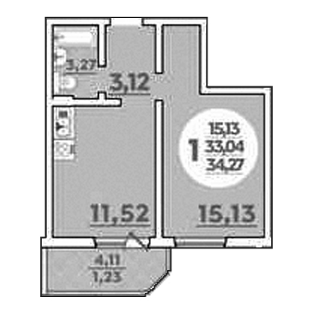 1 комнатная 34.27м²