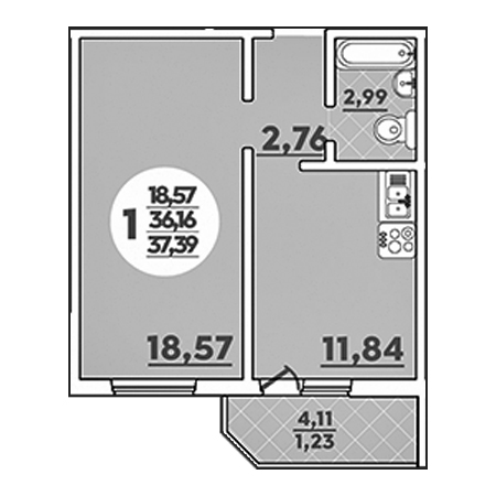 1 комнатная 37.39м²