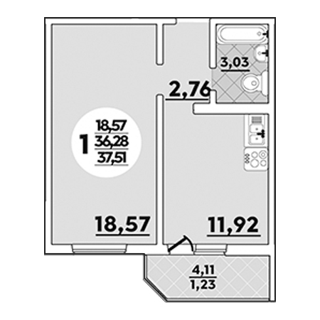 1 комнатная 37.51м²