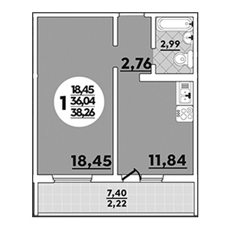 1 комнатная 38.26м²