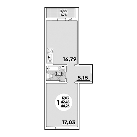 1 комнатная 44.23м²