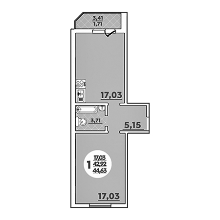 1 комнатная 44.63м²