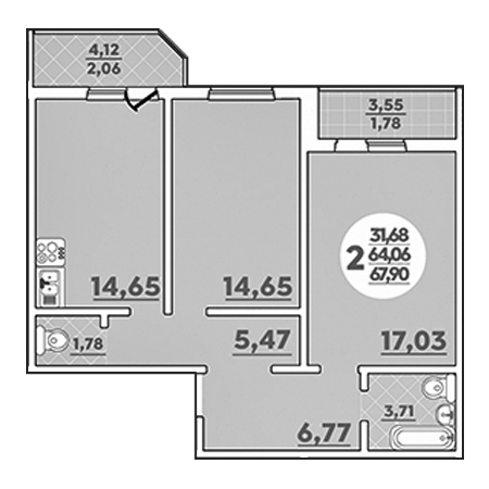 2 комнатная 67.9м²