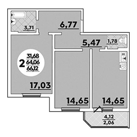 2 комнатная 66.12м²