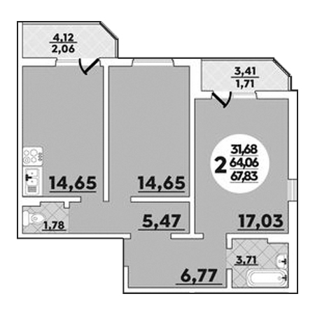 2 комнатная 67.83м²