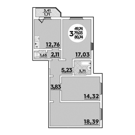 3 комнатная 80.74м²