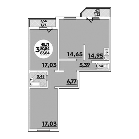 3 комнатная 83.84м²