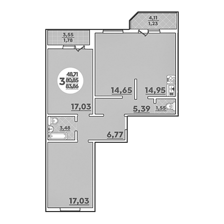 3 комнатная 83.85м²