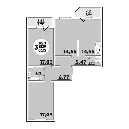 3 комнатная 85.22м²