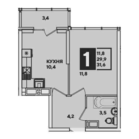 1 комнатная 31.6м²